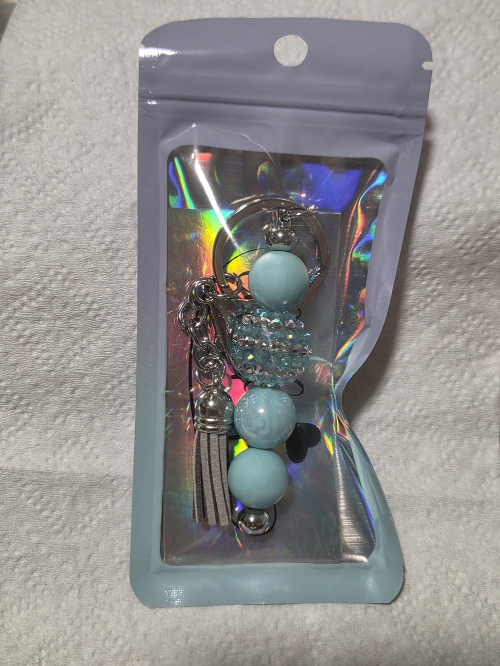 Aqua Beaded Keychain with Tassel